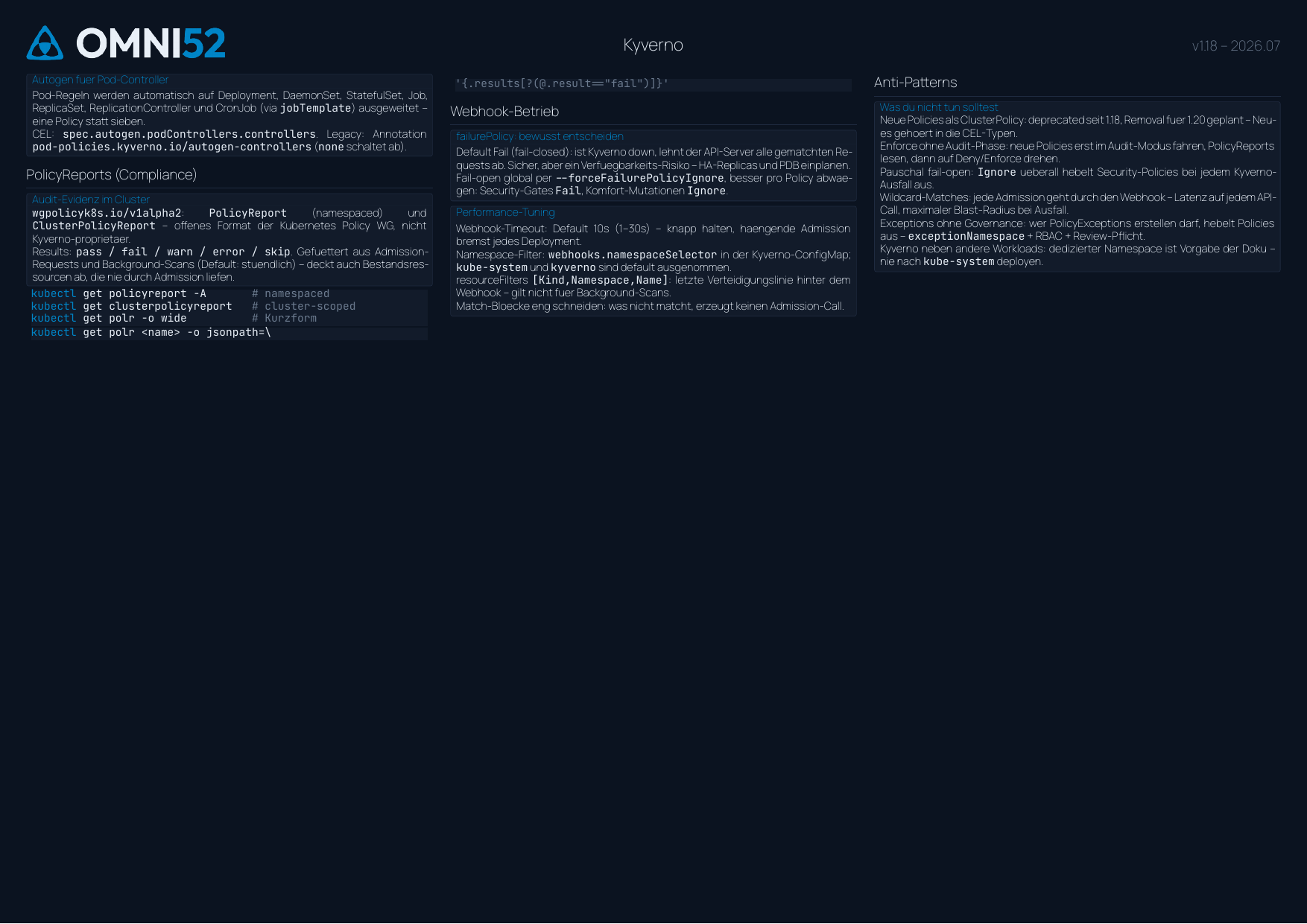 Kyverno Cheatsheet Seite 2: Image-Verifikation, VAP/MAP-Abgrenzung, PolicyException, PolicyReports, Webhook-Betrieb, Anti-Patterns